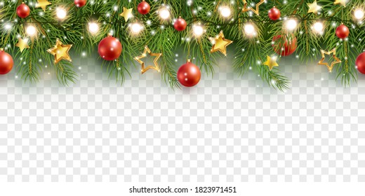 Border With Green Fir Branches, Stars, Lights Isolated On Transparent Background. Pine, Xmas Evergreen Plants Seamless Banner. Vector Christmas Tree Garland Decoration Border