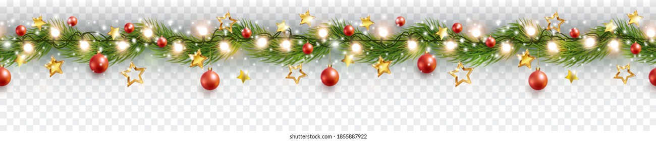 Border with green fir branches, stars, lights isolated on transparent background. Pine, xmas evergreen plants seamless banner. Vector Christmas tree garland decoration