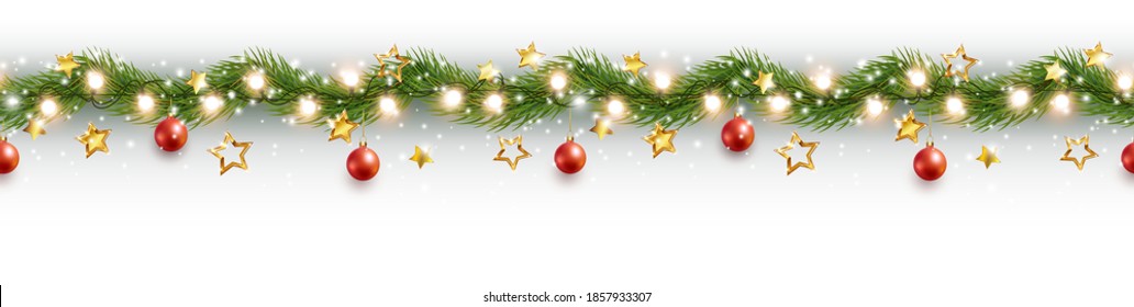 Border with green fir branches, stars, lights isolated on white background. Pine, xmas evergreen plants seamless banner. Vector Christmas tree garland decoration