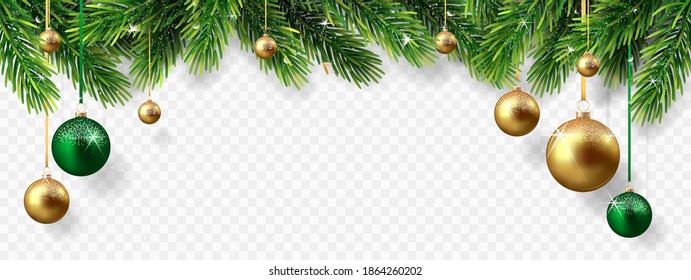 Border with green fir branches, stars, balls isolated on transparent background. 