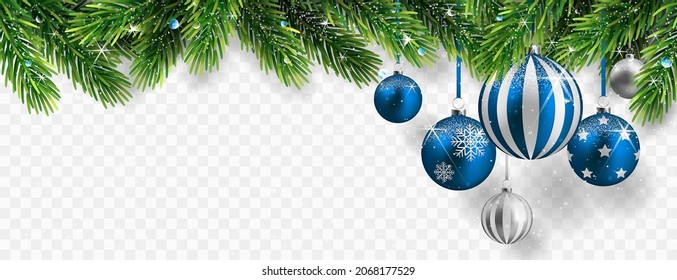 Border with green fir branches, stars, balls isolated on transparent background.