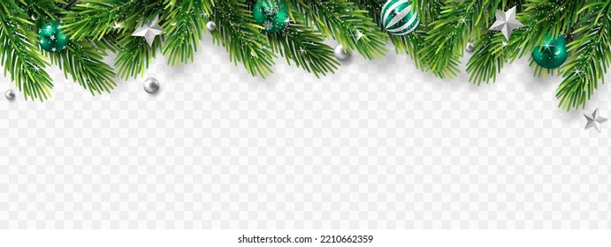 Border with green fir branches, stars, balls isolated on transparent background.	