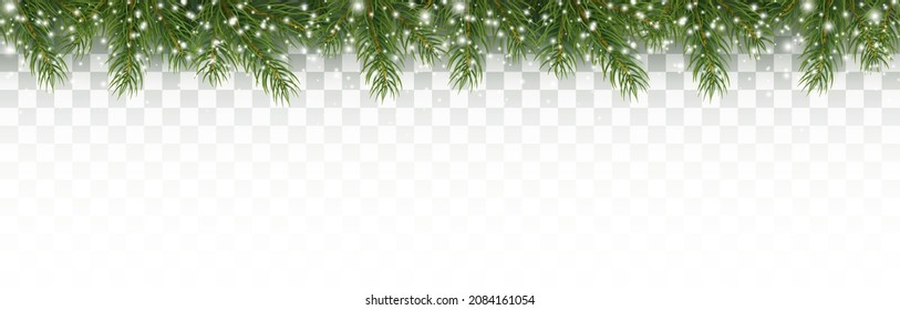 Border with green fir branches, white snowflakes isolated on transparent background. Pine, xmas evergreen plants seamless banner. Vector snow Christmas tree garland