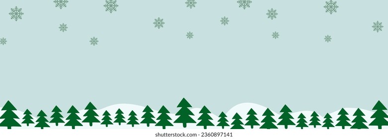 Border with green fir trees, falling snowflakes, snowdrifts with Copyspace for text. Pine, xmas evergreen plants banner. Vector Christmas tree garland and snow drifts pattern. Flat background.