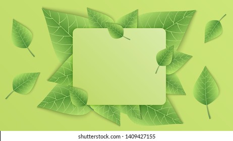 Border with green leaves on green background. Vector illustration.