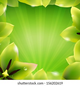 Borde De Tulipanes Verdes Y Brote De Sol Con Malla De Gradiente, Ilustración Vectorial