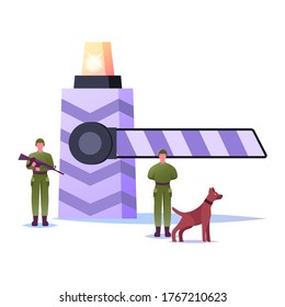 Border Guard Characters with Gun and Dog Protect Border from Illegal Immigrants and Refugees Stand at Stop Control with Barrier. Protection Police, Territory Patrol. Cartoon People Vector Illustration