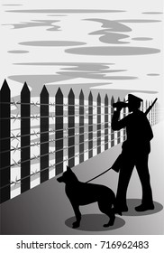 Border Guard With Dog Silhouette, Vector Illustration