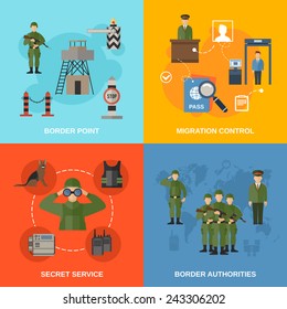 Border guard flat icons set isolated with migration control point secret service authorities isolated vector illustration