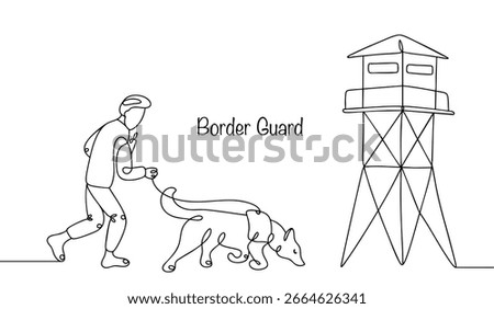 A border guard and his service dog patrol the area near a border observation tower. The officer who guards the state border controls the crossing and prevents illegal actions. Vector illustration.