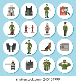 Border Guard icon sticker flat set with soldiers in military uniform camouflage isolated vector illustration