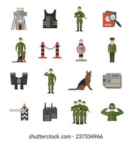 Border guard icons flat set with passport check dog guard soldier isolated vector illustration