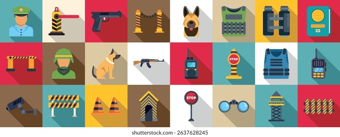  Border guard icons set. Collection of security and safety equipment icons in a colorful grid
