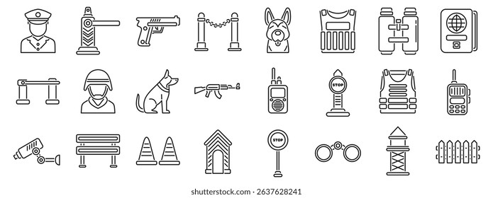  Border guard icons set. Line art icons representing various aspects of security and surveillance, including personnel, equipment, and infrastructure