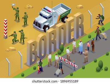 Border Guards And Isometric Word  Border With Special Vehicles And People Crossing The Border Warning Signs Isometric Icons On Isolated Background