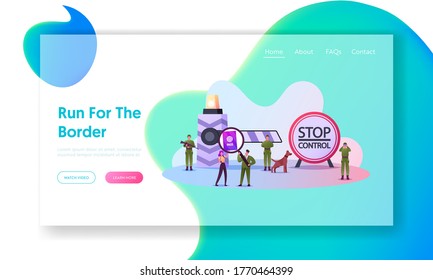 Border Guards Protect Territory Landing Page Template.Tiny Male Characters in Military Uniform with Gun Keep Watch on Stop Control Post with Huge Barrier and Dog. Cartoon People Vector Illustration