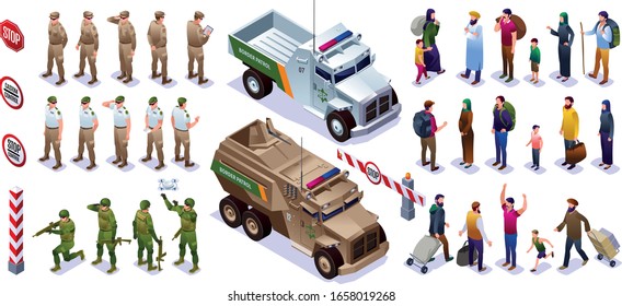 Border Guards Set Collection Guards With Special Vehicles And People Crossing The Border Warning Signs Isometric Icons On Isolated Background