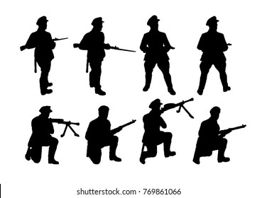 Border guards. Soldiers silhouettes set