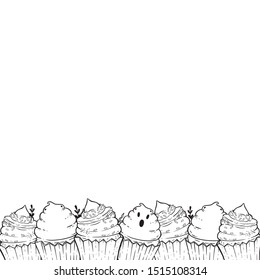 Border With Halloween Cupcakes. Coloring Page With Halloween Decor. Beautiful Picture For Cover, Coloring Book For Adults And Children.