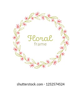 Border hand-drawn green and red ornament with tea or laurel leaves and flowers. Floral doodle circle frames. Wreath for card or banner design.