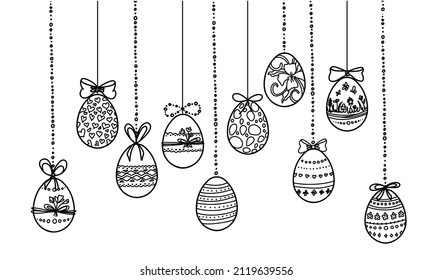 Border with hanging Eggs in doodle style. Hand drawn sketch for Happy Easter. Drawing for horizontal Banner. Black line on white background