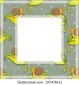 Border with happy snails and leaves on a gray background.