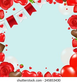 Border With Hearts And Flowers With Gradient Mesh, Vector Illustration