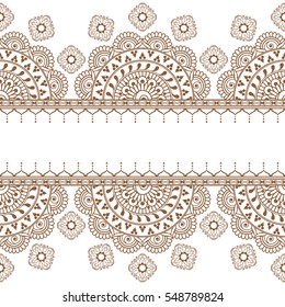Border border henna seamless element with flowers and laces in Indian mehndi style for card and tattoo isolated on white background. Vector illustration isolated on white background