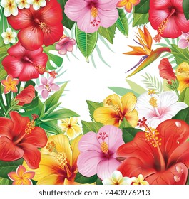 Border from hibiscus flowers and tropical leaf