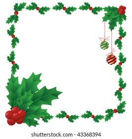 A Border of holly and berries with a couple of striped hanging ornaments.