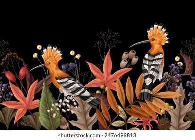 Borde con el pájaro del hoopoe, las hojas de otoño y las ramas. Vector