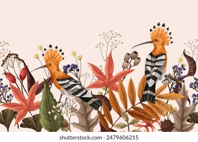 Border with hoopoe bird, autumn leaves and branches. Vector