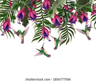 Border with hummingbirds and tropical flowers. Trendy vector print.