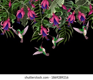 Border with hummingbirds and tropical flowers. Trendy vector print