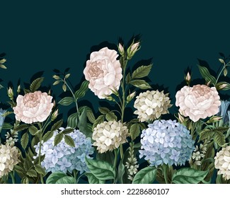 Border with hydrangeas and roses. Vector