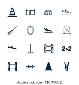 Border icon. collection of 16 border filled and outline icons such as plane landing, cone, cloth pin, wire fence, mop, movie tape. editable border icons for web and mobile.