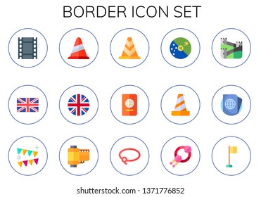 border icon set. 15 flat border icons.  Simple modern icons about  - film strip, united kingdom, cone, passport, christmas island, traffic cone, great wall of china, garland, film roll