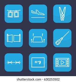 Border icon. set of 9 outline border icons such as plane landing, mop, cloth pin, photos on rope, land territory, gate, wire fence, blackboard x+y