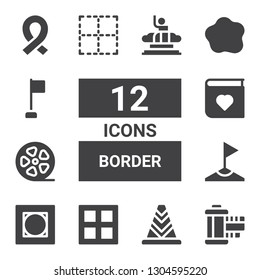 border icon set. Collection of 12 filled border icons included Film strip, Cone, Border, Vignette, Corner, Film roll, Photo album, No Custom, Ribbon, Columbia