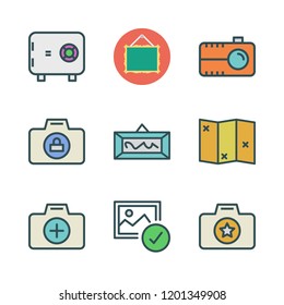 border icon set. vector set about safebox id, picture, map and photo camera icons set.