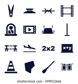 border icons set. Set of 16 border filled icons such as plane landing, airport officer, mop, cone, cloth pin, photos on rope, land territory, wire fence, movie tape
