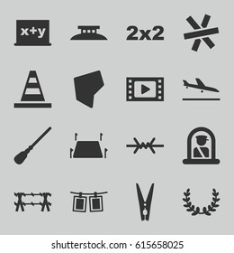 Border icons set. set of 16 border filled icons such as plane landing, airport officer, mop, cone, cloth pin, photos on rope, land territory, wire fence, olive wreath