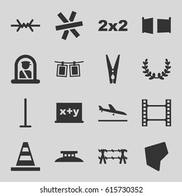 Border icons set. set of 16 border filled icons such as plane landing, airport officer, mop, cone, cloth pin, photos on rope, land territory, gate, wire fence, olive wreath