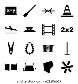 Border icons set. set of 16 border filled icons such as plane landing, mop, cone, garland, cloth pin, photos on rope, land territory, gate, wire fence, movie tape, blackboard