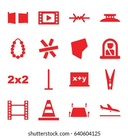 Border icons set. set of 16 border filled icons such as plane landing, airport officer, mop, cone, garland, cloth pin, land territory, gate, wire fence, movie tape, blackboard