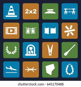 Border icons set. set of 16 border filled icons such as plane landing, airport officer, mop, cone, garland, cloth pin, photos on rope, land territory, gate, wire fence