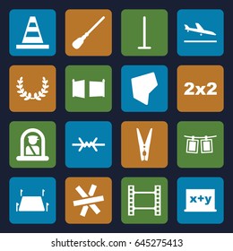 Border icons set. set of 16 border filled icons such as plane landing, airport officer, mop, cone, cloth pin, photos on rope, land territory, gate, wire fence, olive wreath