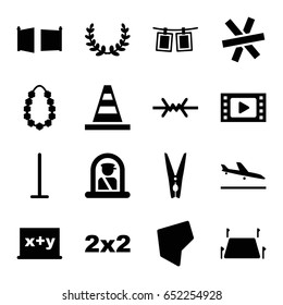 Border icons set. set of 16 border filled icons such as plane landing, airport officer, mop, cone, garland, cloth pin, photos on rope, land territory, gate, wire fence