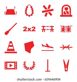 Border icons set. set of 16 border filled icons such as plane landing, airport officer, mop, cone, garland, cloth pin, photos on rope, land territory, wire fence, olive wreath