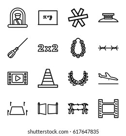 Border icons set. set of 16 border outline icons such as plane landing, airport officer, mop, cone, garland, land territory, gate, wire fence, blackboard, blackboard x+y